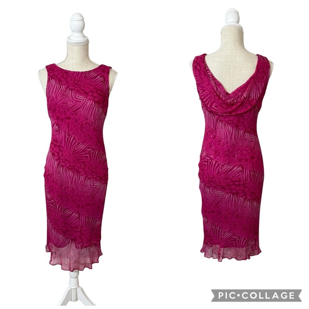 VTG 90's Y2K Robbie Bee‎ Sequin Dress 100% Silk Fairy Cowl Neck Sz 10P Animal
